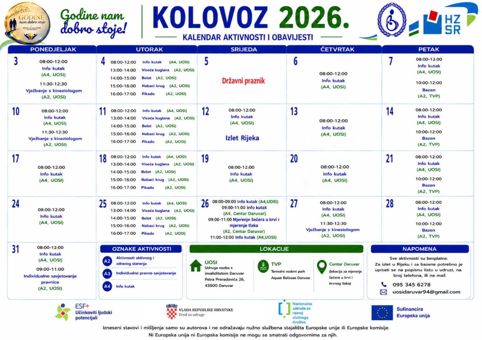 Kalendar aktivnosti projekta Godine nam dobro stoje &ndash; kolovoz 2026.